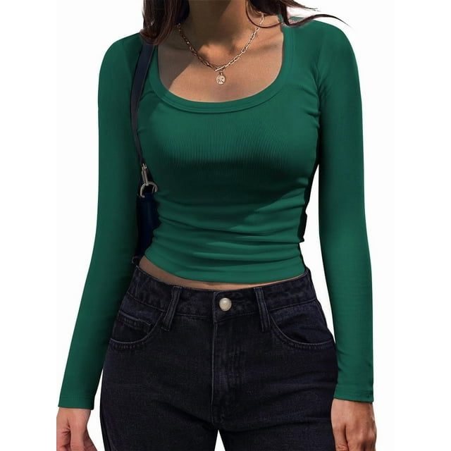 Women'S Long Sleeve Scoop Neck Shirts Casual Slim Fit Rib Knit Tops Summer Fall Basic Business Work Tee Dark Green M