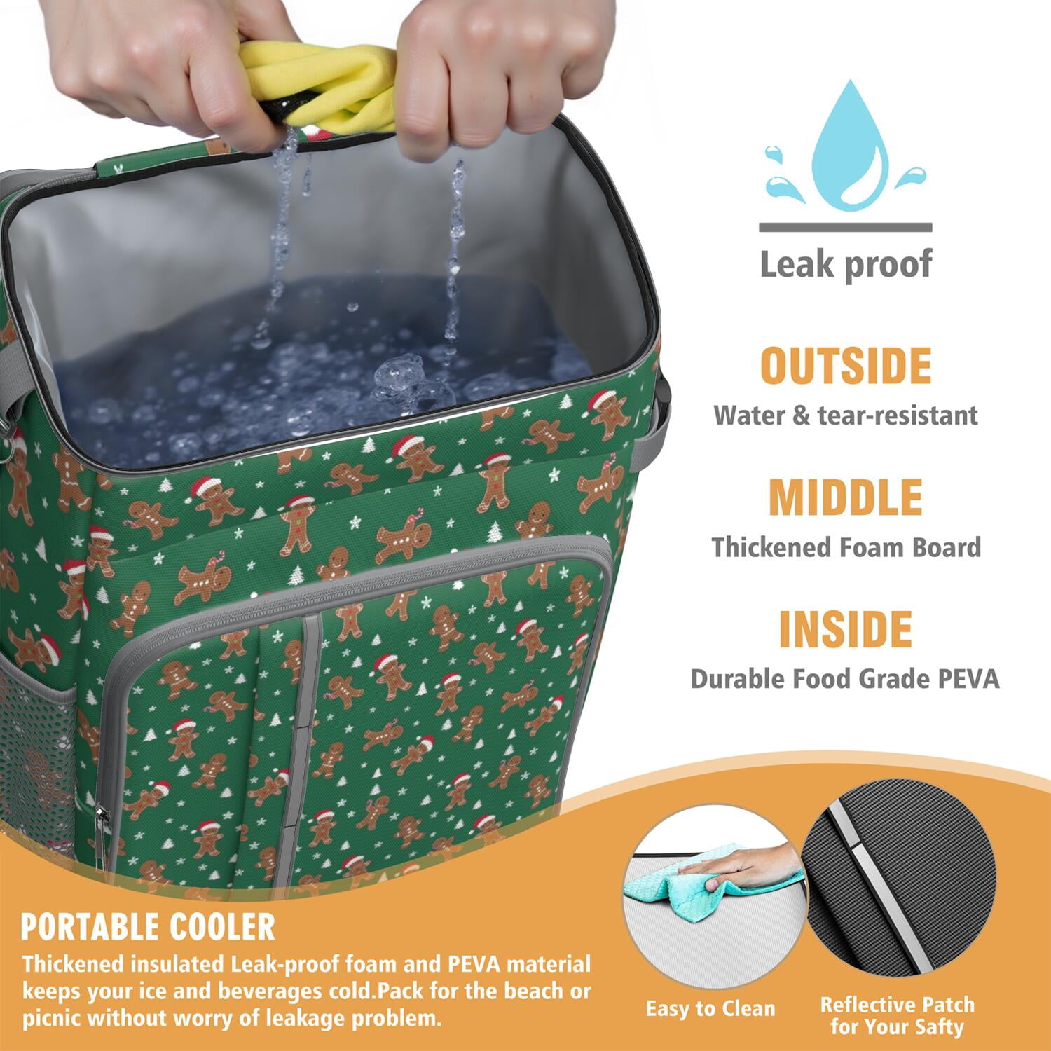 Travel Cooler Bag - Green Christmas Gingerbread Man Pattern Camping Beer Cooler Backpack with Bottle Opener- Waterproof Insulated Picnic Backpacks - Cooler Bag for Beach