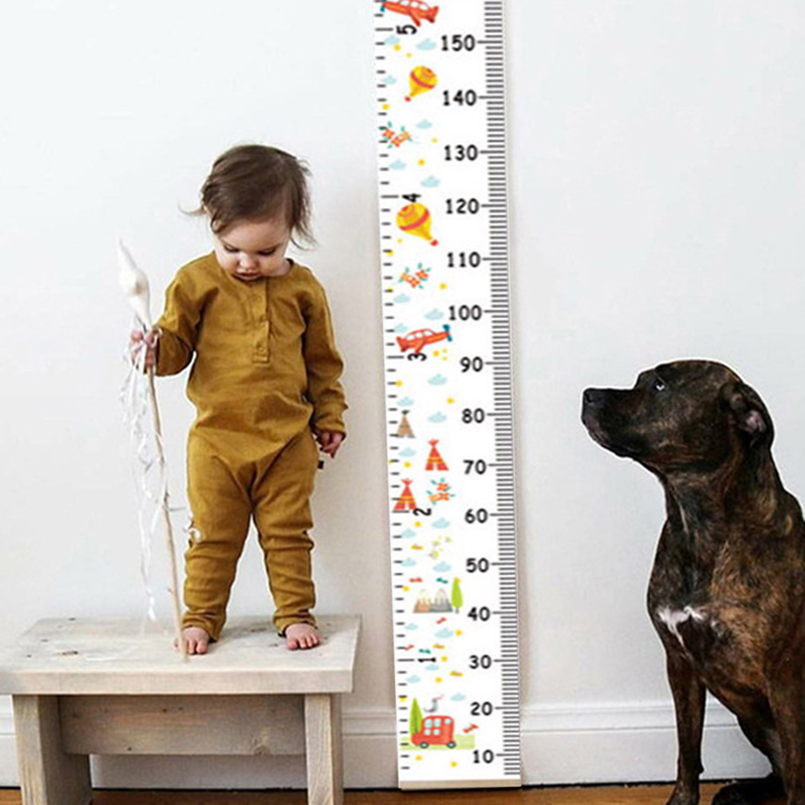 Toise Murale Enfant Enroulable 200 Cm - Toile Avec Motifs, Crochet Inclus, Pour Suivre La Croissance
