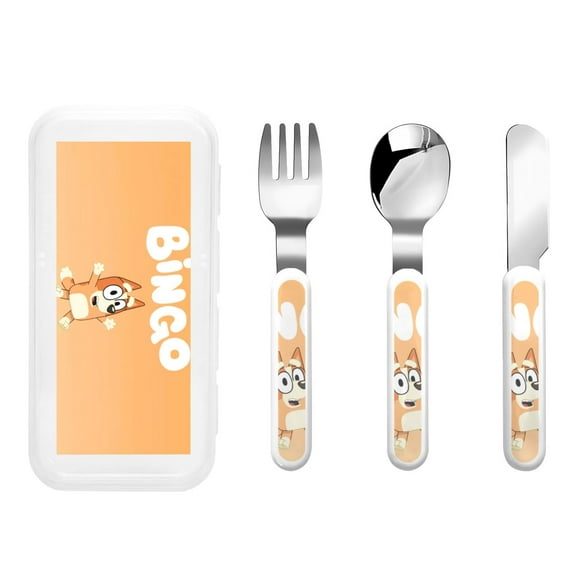 Zofaai Bluey Pattern Children's Knife, Fork and Spoon Three-piece Set, Stainless Steel Children's Tableware with Outer Box, Suitable for School, Home