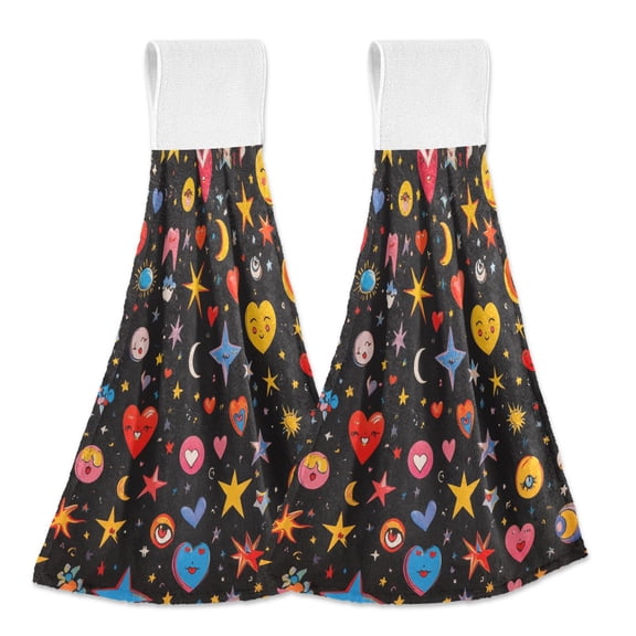 Yayeee Kitchen Hanging Hand Towels Set of 2 with Loop Bathroom Absorbent Tie Towel, Moon Pattern