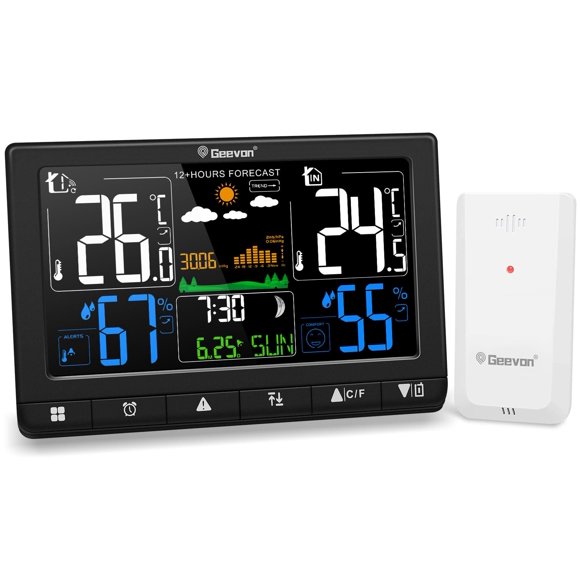 Geevon Thermomètre Sans Fil pour Stations Météo Intérieur Extérieur, Affichage VA Couleur Moniteur Numérique de Température et d'Humidité avec Baromètre, Heure, Ca