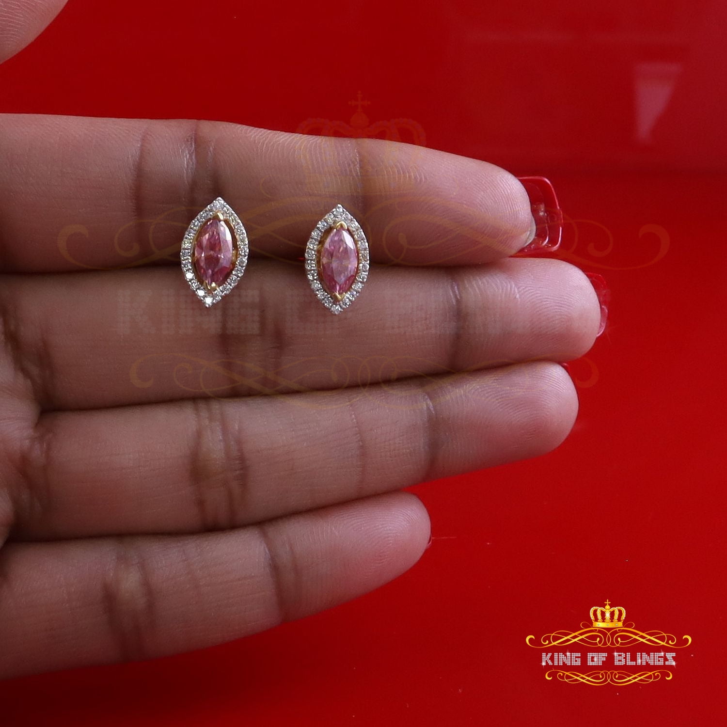 King of Bling's 1.25CT VVS 'D' Pink Moissanite Men's/Women 925 Yellow Silver Stud Earrings