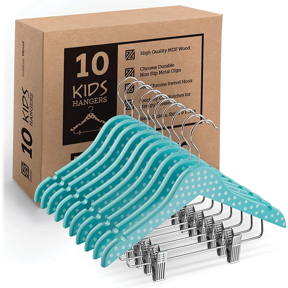 Wood Kids Hangers with Clips (10 Pack) Cute & Charming, Durable Baby