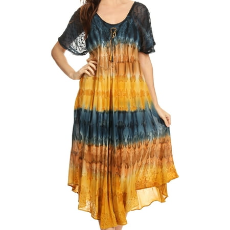 Sakkas Sula Long Laced Cotton Tie-Dye Wide Neck Embroidered Boho Sundress Cover Up - Navy / Brown - One Size (Best Boho Clothing Stores)