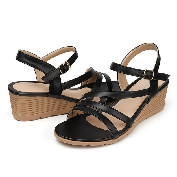 Sandalias SHIBEVER con cuña negras de verano para mujer, talla 8.5