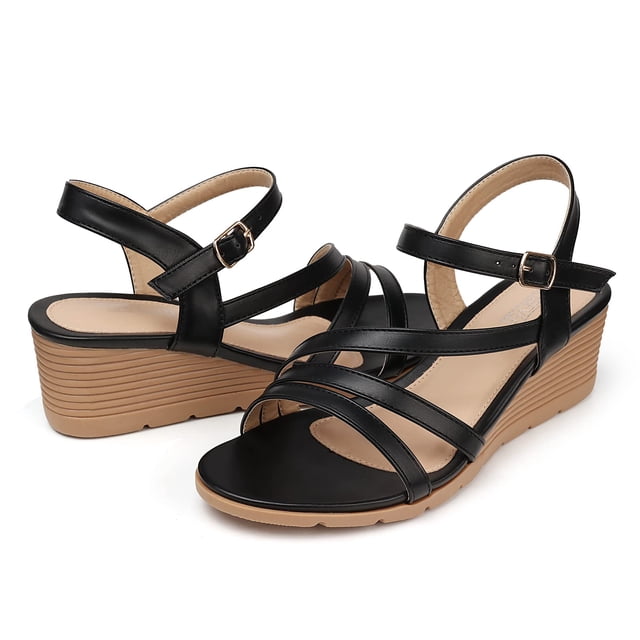 Sandalias SHIBEVER con cuña negras de verano para mujer, talla 8.5