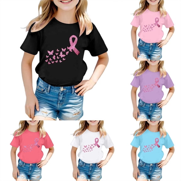SOFTCCLO Girls Tshirts Short Sleeve Crewneck Graphic Tees Cancer Awareness Print Casual Supportive Kids T Shirts Size 5-6Y