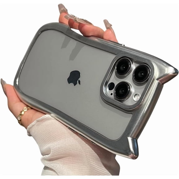 Luxury Plating Soft Silicone Cute Cat Ears Bumper Case for iPhone 15 14 13 12 11 Pro Max Plus Shockproof Protective Cover(for iPhone 12 Pro/Silver Gray)