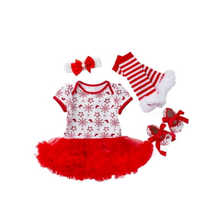 

Wrcnote Infant Dress Set Short Sleeve 4Pcs Sets Crew Neck Outfits Playing Loose Romper Christmas Playsuit White Red 66cm (3-6M)