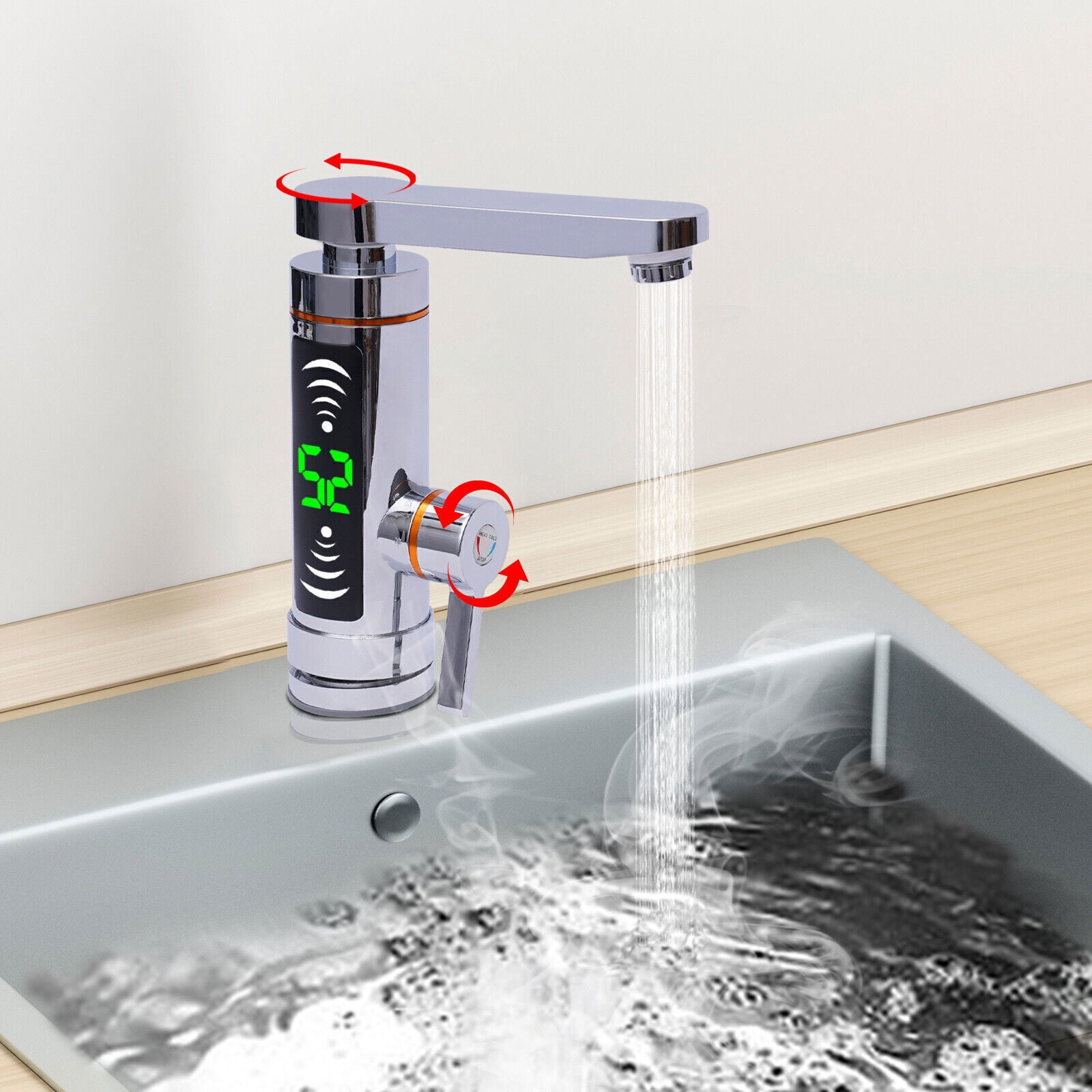 Electric Instant Hot Water Heater Shower Kitchen Tap Faucet Digital Display Silver 110V