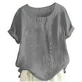 thumbnail image 2 of Tittly Womens Linen Shirt Women'S Gauze Tops Linen Blouses for Women Women's Retro Round Neck Button Cotton Linen Loose Casual Shirt Top T Shirt Beach Casual Gray, 2 of 8