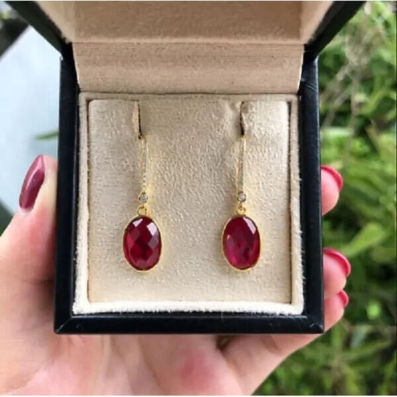 4Ct Oval Cut Lab Created Red Ruby Diamond Drop/Dangle Earrings 14K Yellow Gold Plated