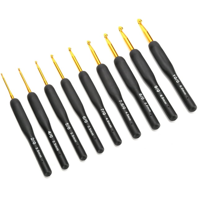 Crochet Needle, Knitting Crochet Hooks set by Ymiko featuring 9 ergonomic hooks with rubber handles for comfort. Sizes range from 2.0mm to 6.0mm, each marked for easy identification. Ideal for crafting, sewing, and crochet projects, suitable for beginners and advanced users.