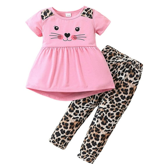 TAIAOJING Toddler Baby Girls Summer 2PCS Outfits Sets Cat Print Pullover With Leopard Pants & Asymmetrical Skirt Fashion Kids Clothing Set Cozy 12-24M