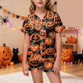 thumbnail image 2 of Cdudpw Toddler Girl Halloween Pajamas Set Ghost Print Short Sleeve Button Down Shirt Pants Fall Pjs Satin Outfits(A006-Orange), 2 of 5