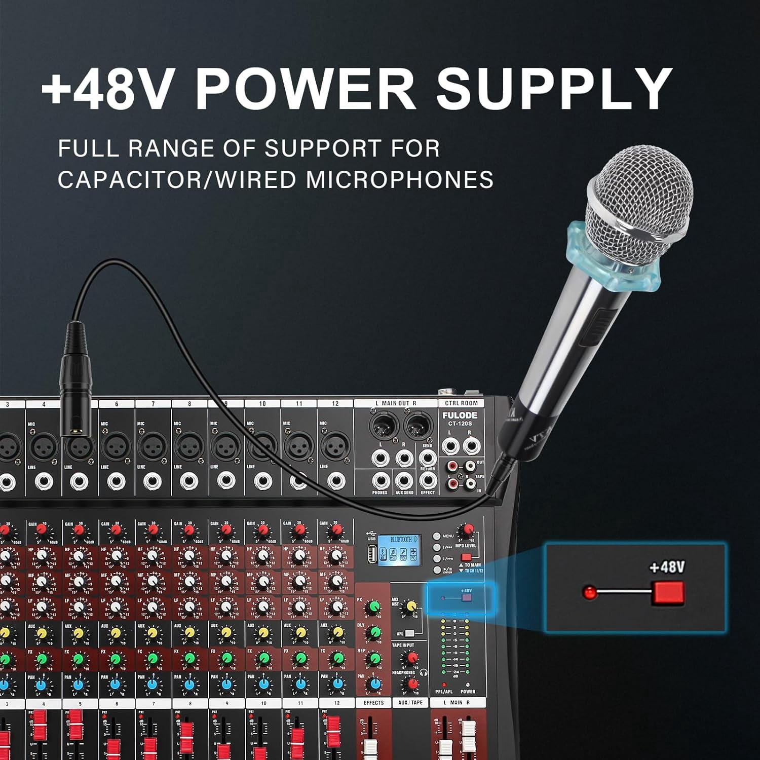 12 Channel Mixer Audio Console, Professional Music Mixer DJ Mixing Board with Reverb Bluetooth MP3 Player 48V Phantom Power Supply USB Recording for Studio Karaoke Live Performance