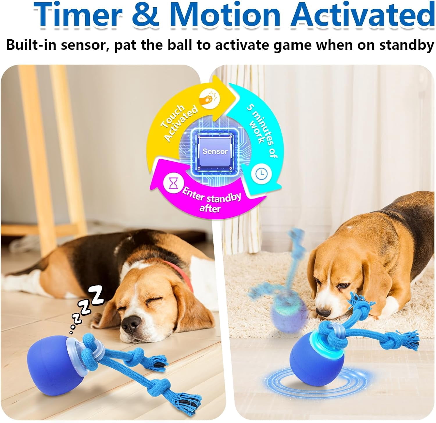 Interactive Dog Toys Touch Activated Bouncing & Jumping Dog Ball with Rope, Squeaky Doggie Toys