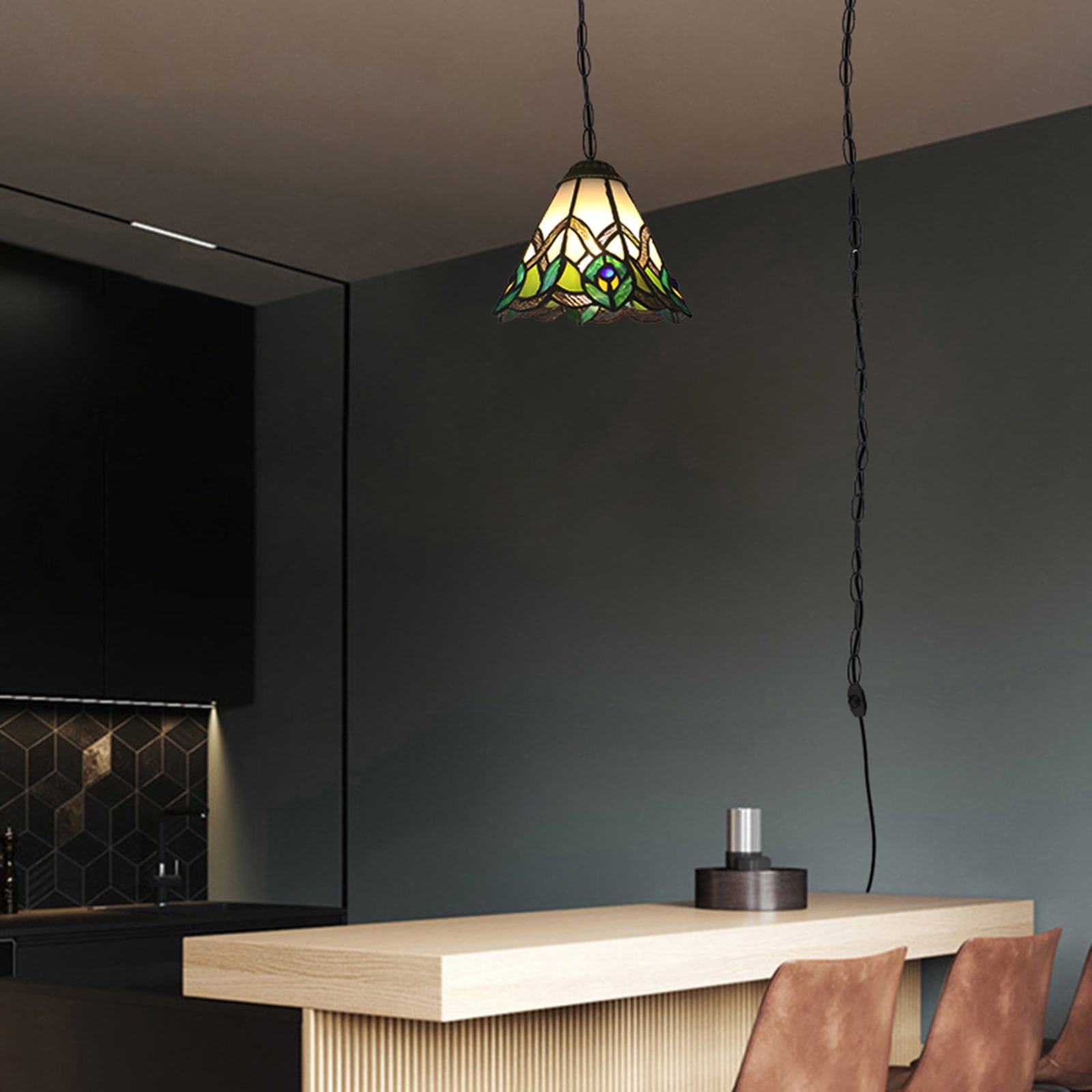 Kiven Plug in Pendant Light,E26 Socket Tiffany Style Hanging Light Fixture with 13ft Iron Chain, Dimmable,1-light