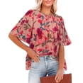 thumbnail image 1 of Blusa de manga corta con cuello redondo, ajuste holgado, diseño plisado, Top informal de verano para mujer para citas, compras diarias, flor gris rosa S, 1 of 6