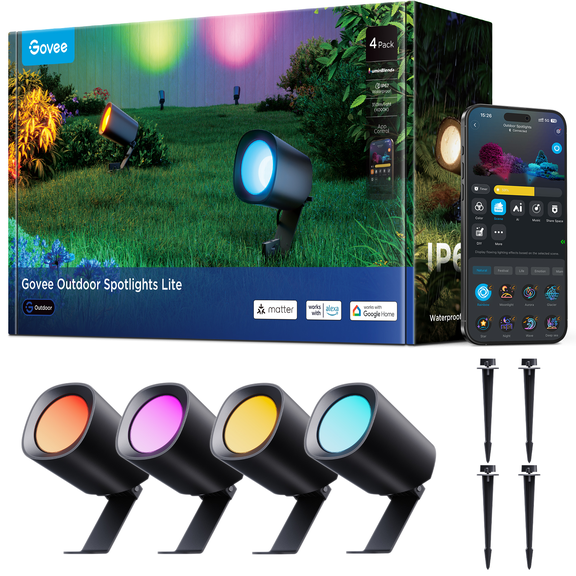 Govee Outdoor Spotlights Lite 4 Pack, IP67 Waterproof Spotlights, RGBWIC Color Changing Light for Outdoor Decor, Patio Decor
