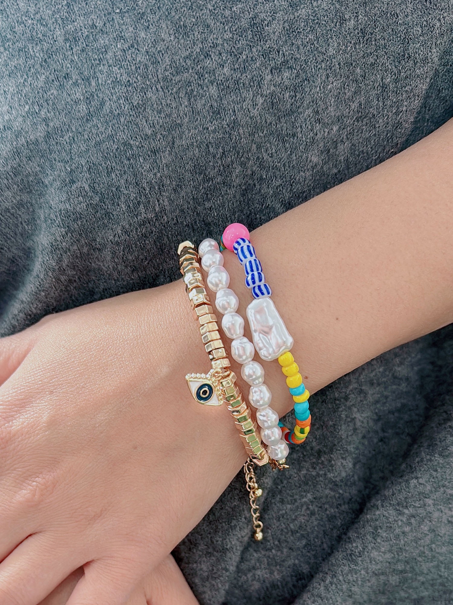 No Boundaries Women's Assorted Gold Plated Bracelets with Multi Colored Beads and Evil Eye Charm, 3 Pack