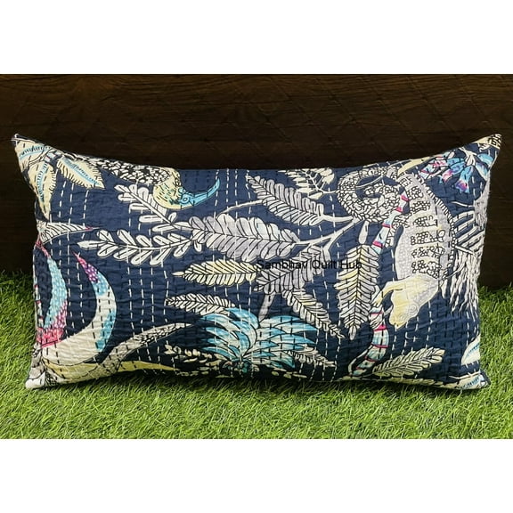 Handmade Vintage Handblock Animal Jungle Monkey Print Patchwork Kantha Quilt Sofa Throw Vintage Home Decorative Lumbar Boho Throw Pillow Cover