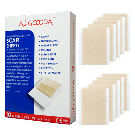 ALL GOOODA Silicone Scar Removal Sheets 2”x3”(10 Sheets)  Medical Grade Scar Sheets  Keloid Treatment Away Prevention Tape  Tummy Tuck Surgery Recovery  Reusable