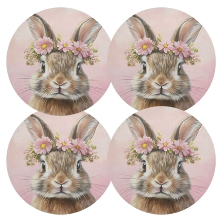 Qxltty 15inch Round Placemats Set of 4 Polyester Fabric Heat Resistant Washable Table Mat for Kitchen Party Decor Pink Wreath Bunny