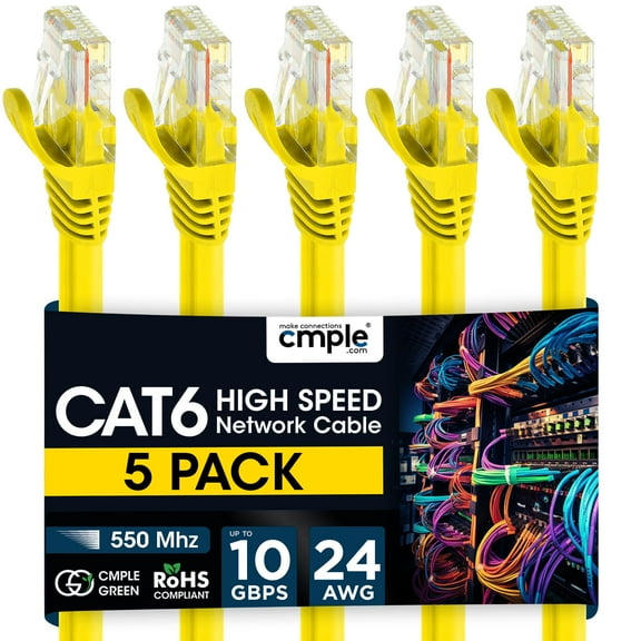 Cmple – 5 Pack Cat6 Ethernet Cable 1.5 ft, High Speed Cat6 Internet Network Cord, Ethernet Patch Cables, Computer LAN Wire with Snagless RJ45 Connectors - Yellow