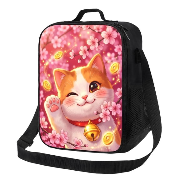 Cat Insulated Lunch Box,Japanese Lucky Cat Reusable Lunch Bag For Women,Pink Cherry Blossom Large Capacity Portable Thermal Bag For Office,Work,Picnic, Weekend Outings