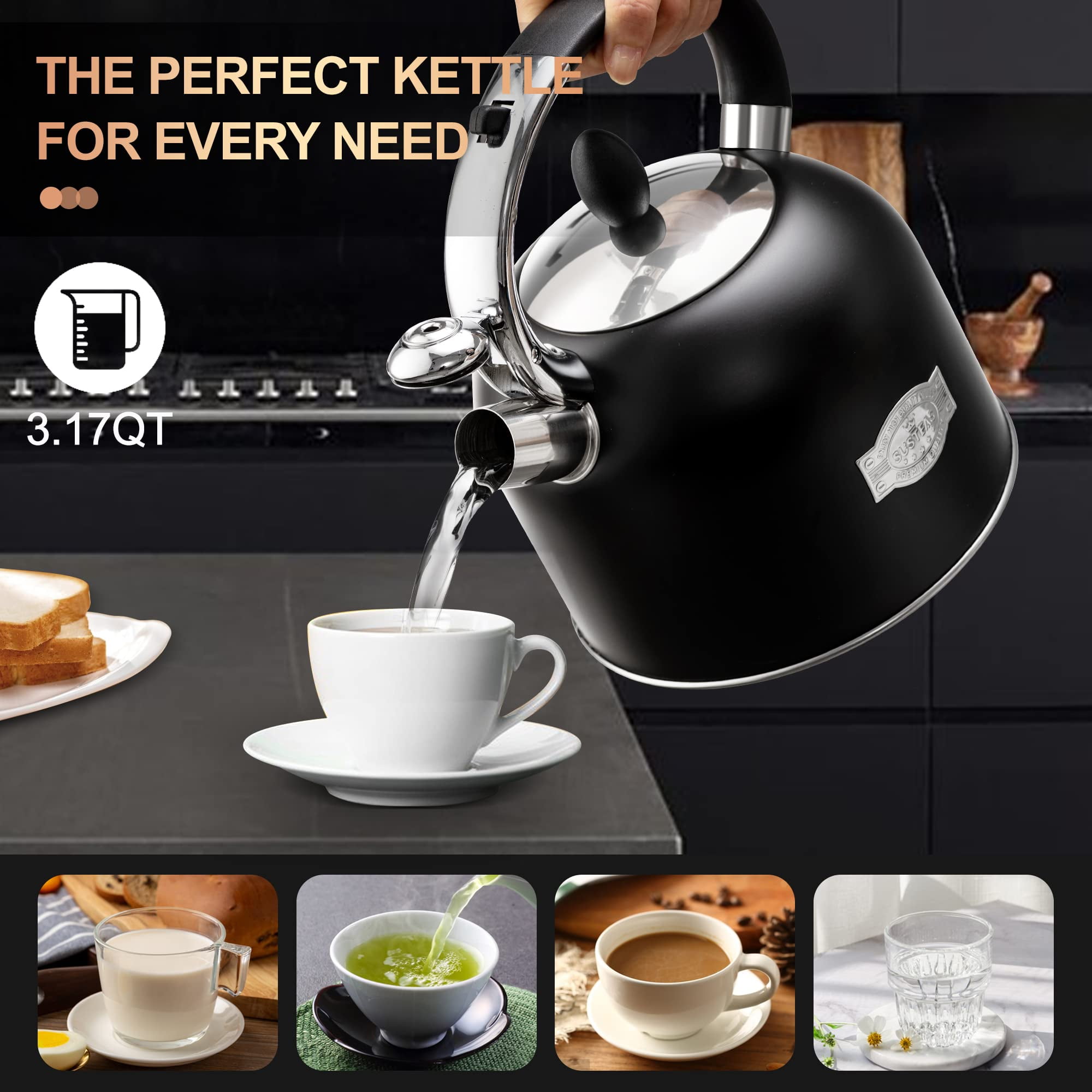  SUSTEAS Stove Top Whistling Tea Kettle-Surgical Stainless Steel Teakettle  Teapot with Cool Touch Ergonomic Handle,1 Free Silicone Pinch Mitt  Included,2.64 Quart(SILVER): Home & Kitchen
