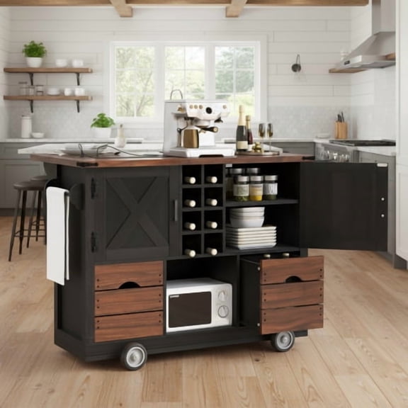 54" Farmhouse Kitchen Island with Drop Leaf, Power Outlet, Kitchen Storage Cart with 2 Doors, 2 Drawers, Rolling Kitchen Island on 4 Large Wheels with Spice Rack for Kitchen, Dining Room, Black