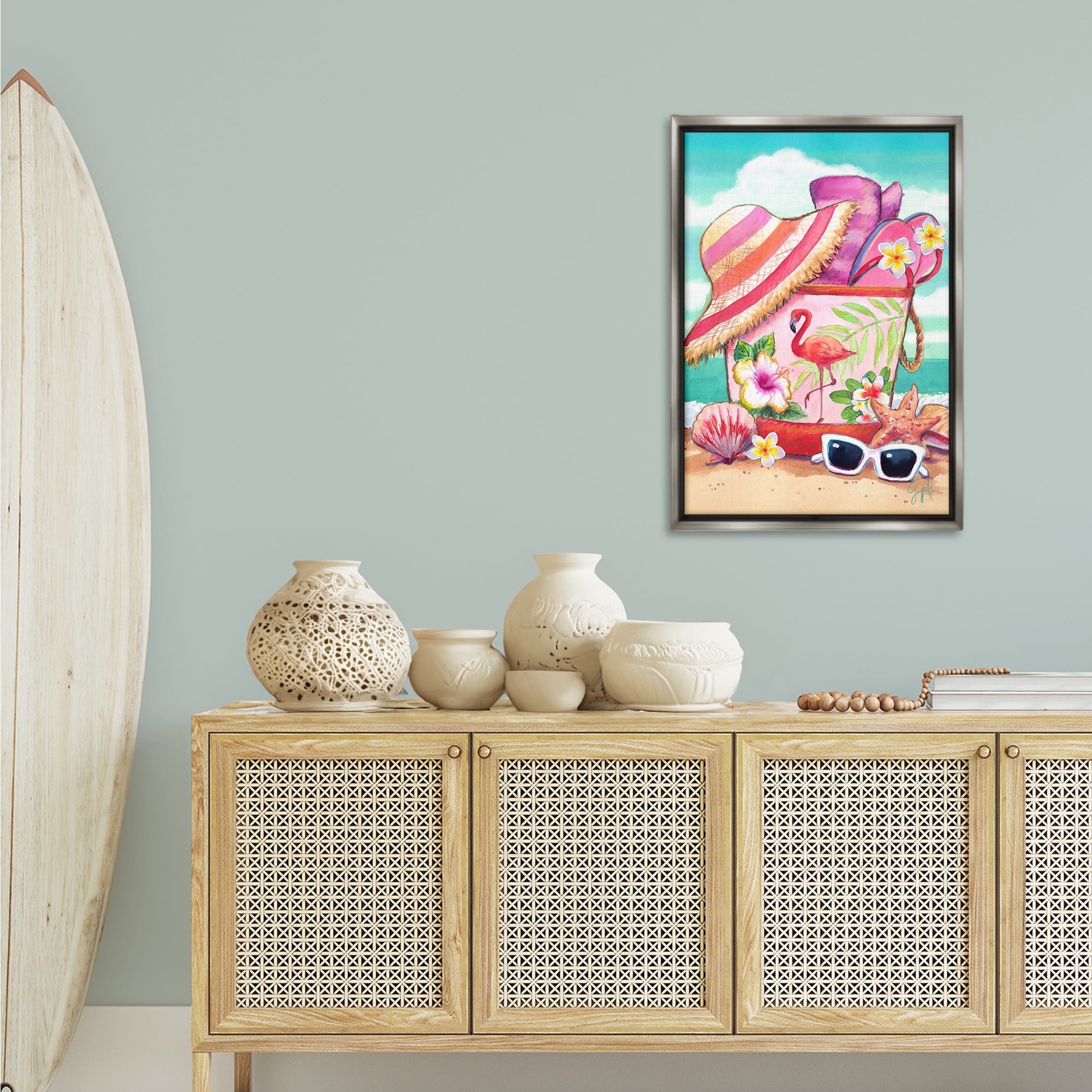 Stupell Industries Floral Beach Bag Nautical & Beach Painting Gray Floater Framed Canvas Art Print Wall Art, 21 x 31