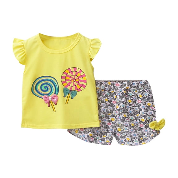 Lopeceal Toddler Girls Cute 2 Piece Outfits Lollipop Print Crew Neck Ruffle Sleeve with Bowknot Small Floral Print Shorts 2-9Y