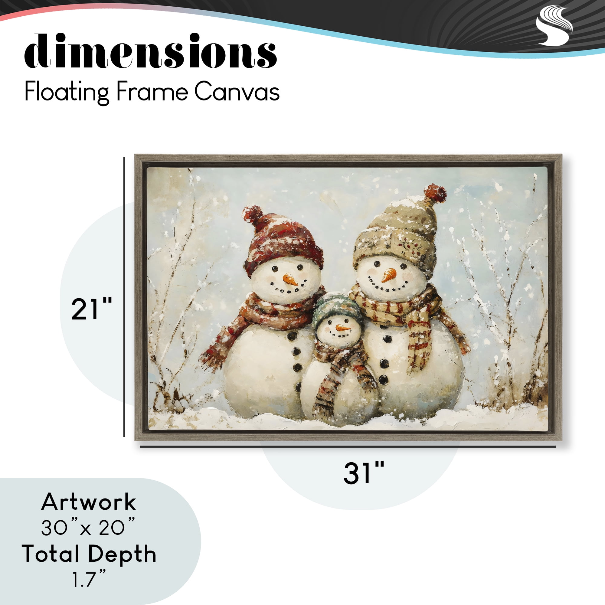 Snowman Family Of Three Brown Framed Floater Canvas Wall Art, design by Petal Prints Design