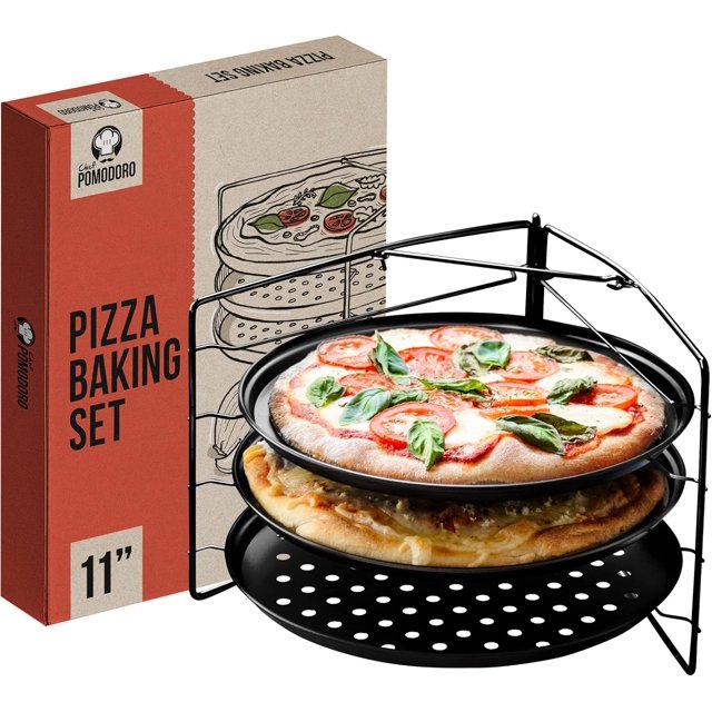Chef Pomodoro Pizza Baking Set with 3 Pizza Pans and Pizza Rack, (11-Inch Pans), Non-stick Perforated Pizza Trays for Oven, Grill, Pizza Pan with Holes, Pizza Pan for Oven, Barbeque, Bakeware Supplies