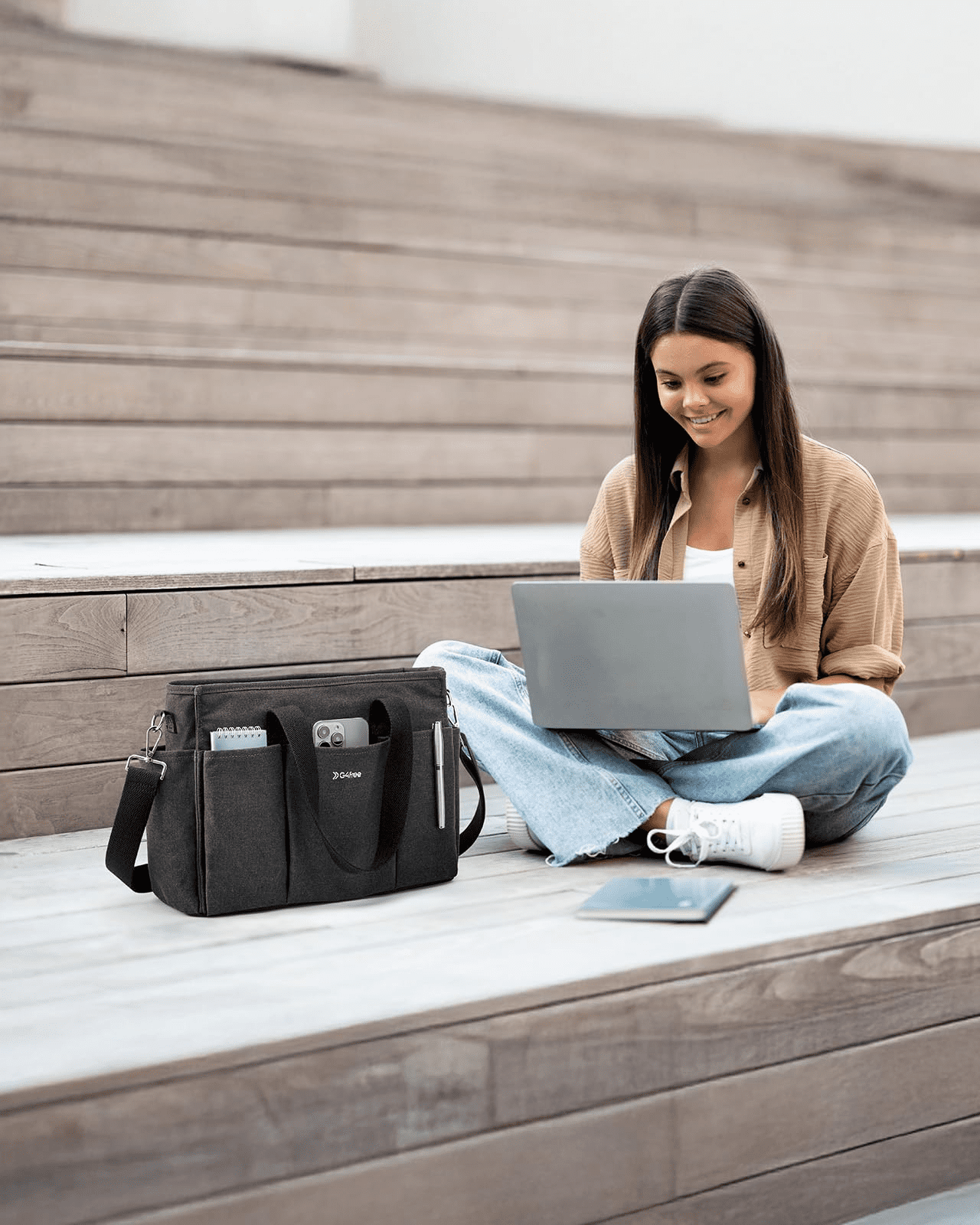 G4Free Canvas Tote Bag with Pockets, Medium Size Crossbody Work Tote Bag for Women Zipper Closure
