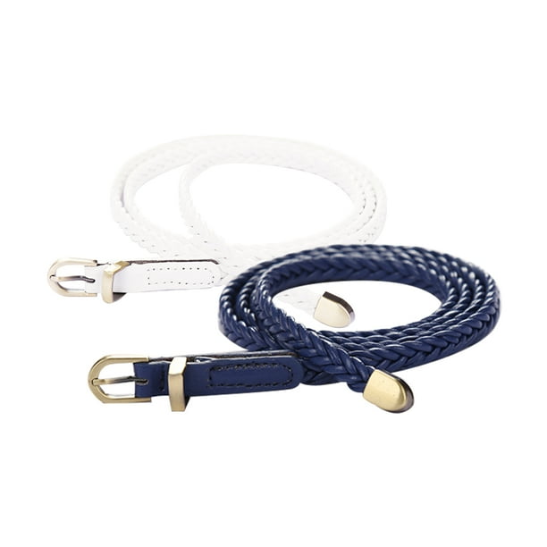 Cinturón trenzado delgado para mujeres INSPIRE CHIC - Cinturón casual de hebilla de pasador para vestidos, cintura: 26-33 azul marino + blanco