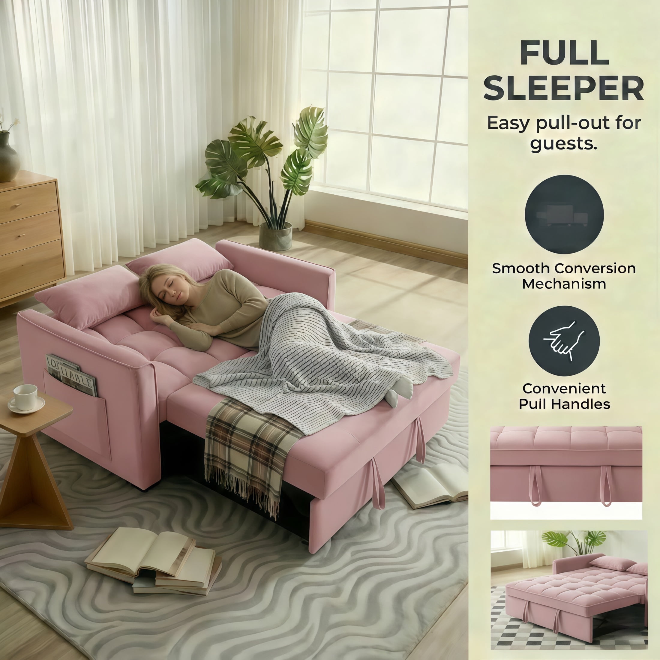 Amuille 3 in 1 Convertible Sleeper Sofa Bed, 54" Velvet Fabric Loveseat, Pull Out Couch for Living Room and Apartment, Pink