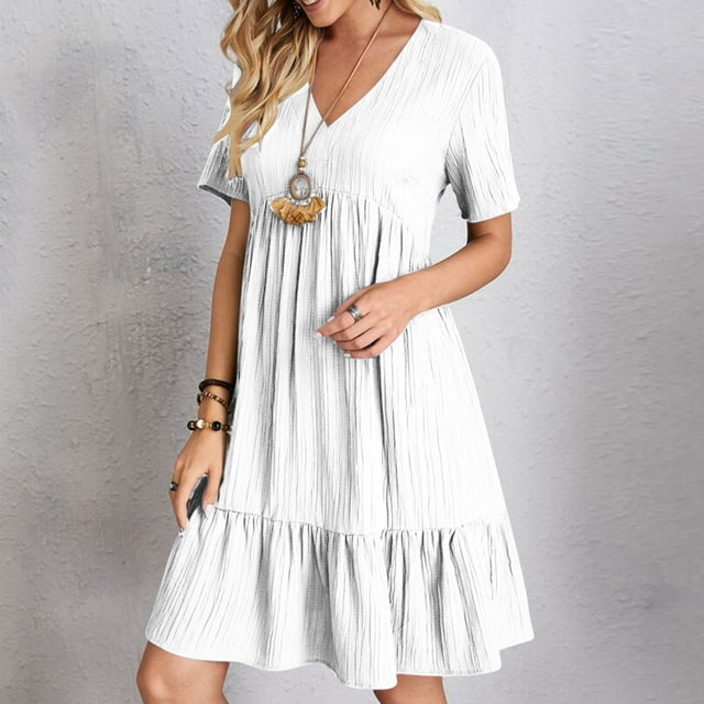 KIHOUT Robes d'Été Décontractées Mini pour Femmes Col en V Manches Courtes à Volants Boho Plage