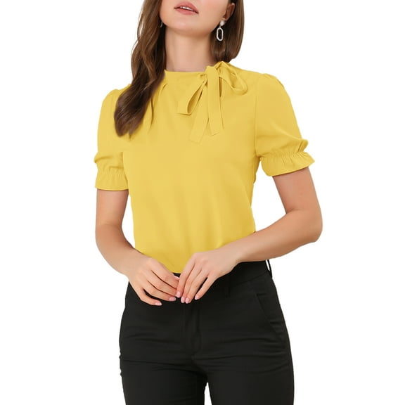 MODA NOVA Juniors Elegant Bow Tie Neck Short Sleeve Office Work Blouse