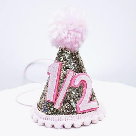 Gold Glitter Sparkles Pink 1 2 Birthday Girl Cone Party Hat Toddler