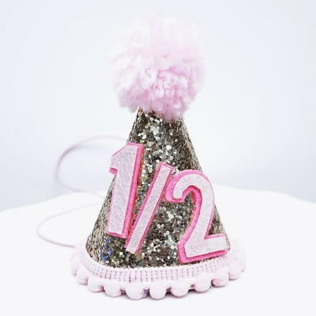Gold Glitter Sparkles Pink 1/2 Birthday Girl Cone Party Hat Toddler Half Birthday 6 months Decor