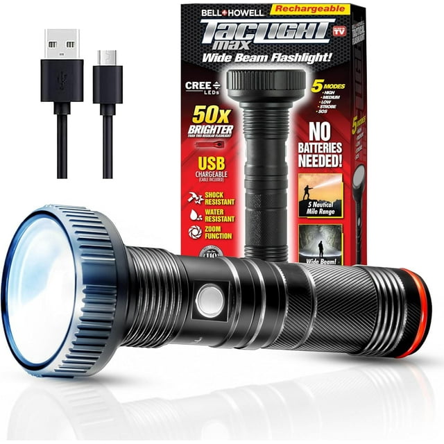 Taclight Max rechargeable black LED flashlight with USB charging cable and packaging highlighting 50x brightness, 5 modes, water and shock resistance
