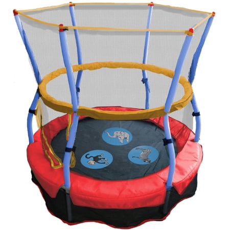 SKYWALKER TRAMPOLINES 48” Round, Indoor Outdoor Mini Trampoline for Kids Toddler Bouncer with Enclosure Net, Padded Frame, Cover and Handlebar, No-Gap Safe Design, Zoo Adventure