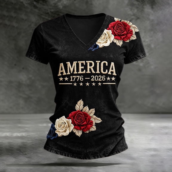 HOWPAY Womens 250 Anniversary USA Shirt Short Sleeve V Neck Vintage Patriotic Pullover 1776-2026 Commemorative Loose Fit Casual Tees Black L
