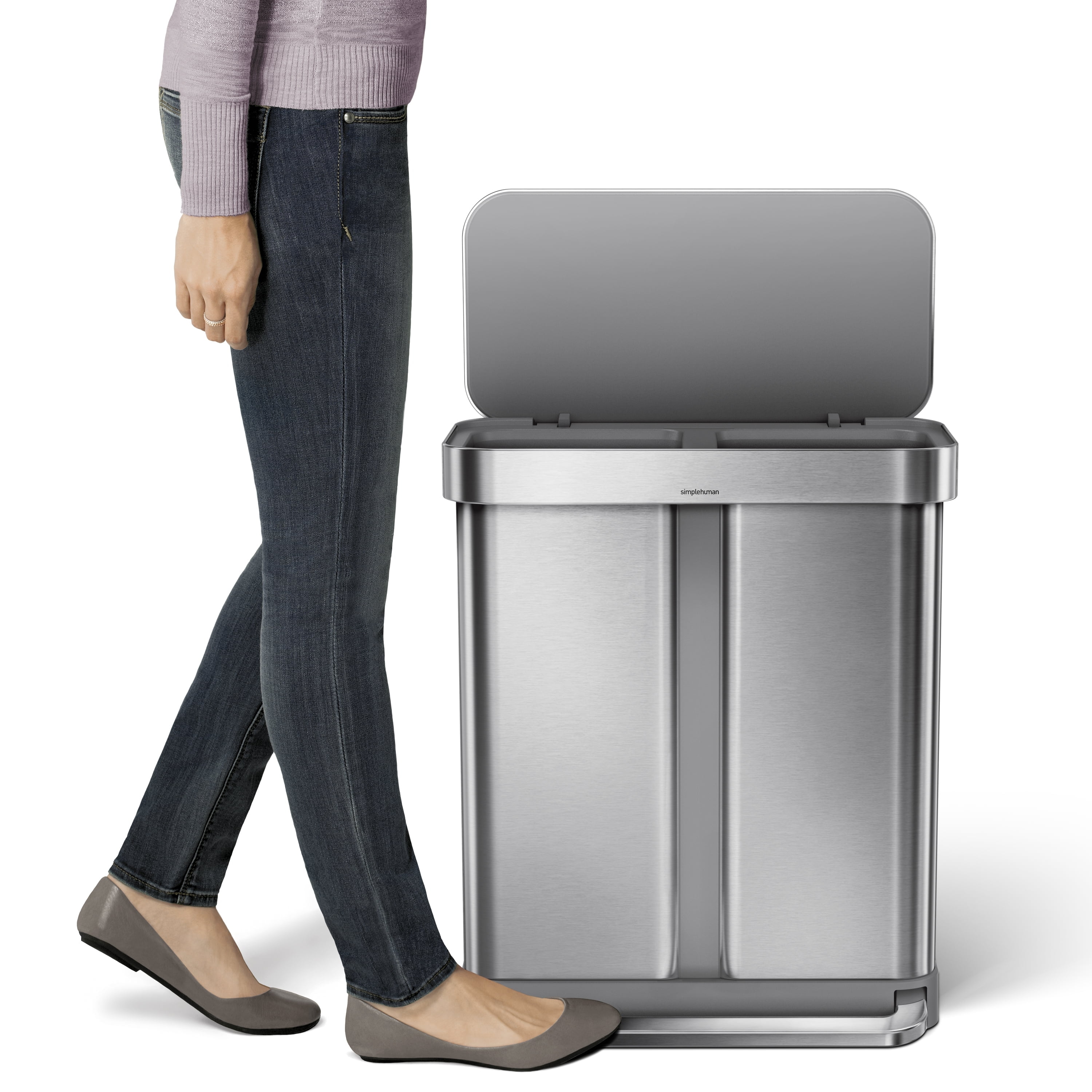 simplehuman 58 Liter / 15.3 Gallon Stainless Steel Rectangular Kitchen Step Can Dual Compartment Recycler, Brushed Stainless Steel