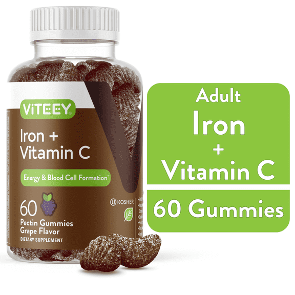 VITEEY Iron Gummies with Vitamin C 20mg, Energy & Blood Support, Grape Flavor, 60 Ct