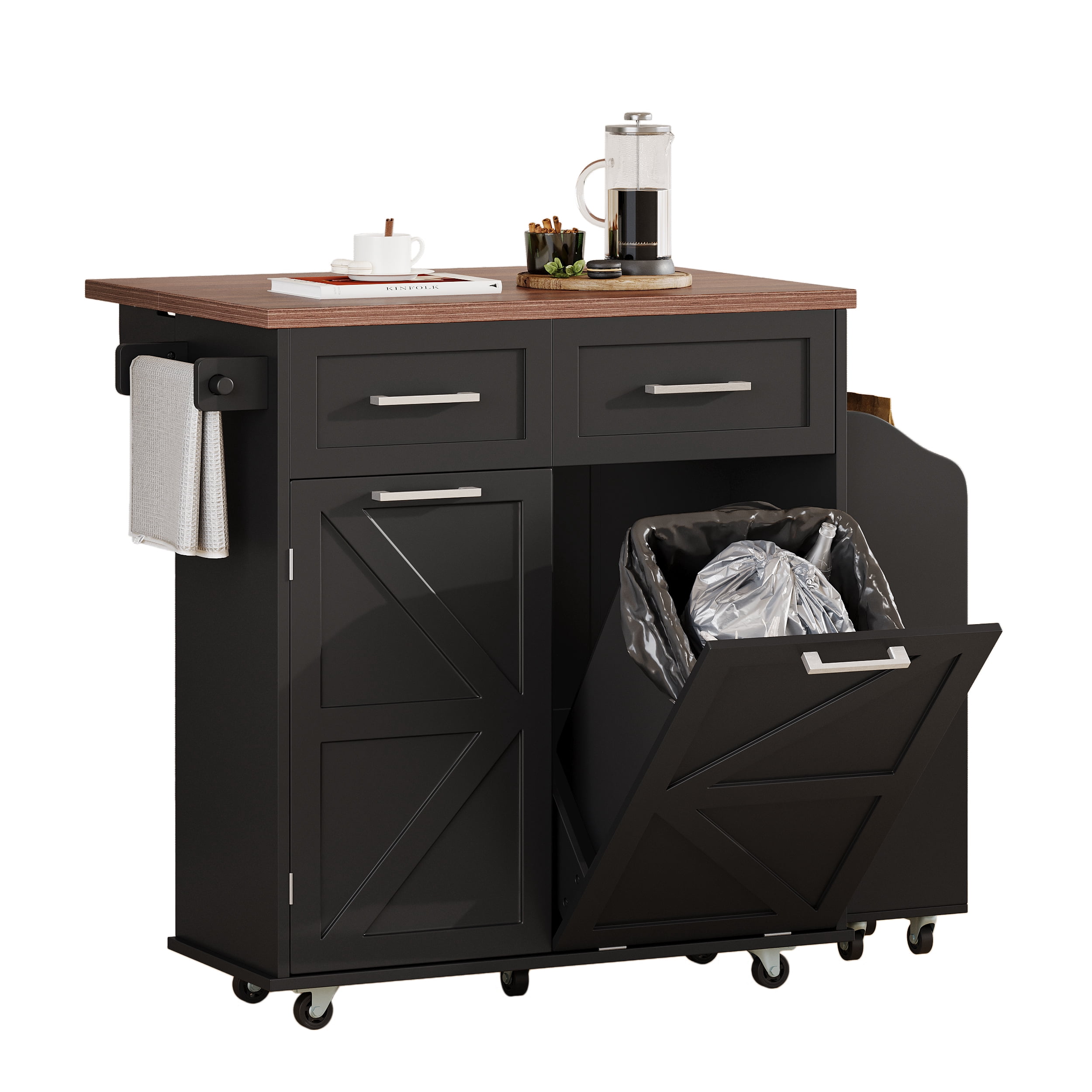Euroco 47.2" Farmhouse Kitchen Island with Drop Leaf, Kitchen Storage Island with Removable Side Racks, Two Drawers, Rolling Kitchen Cart on Wheels with Towel Rack